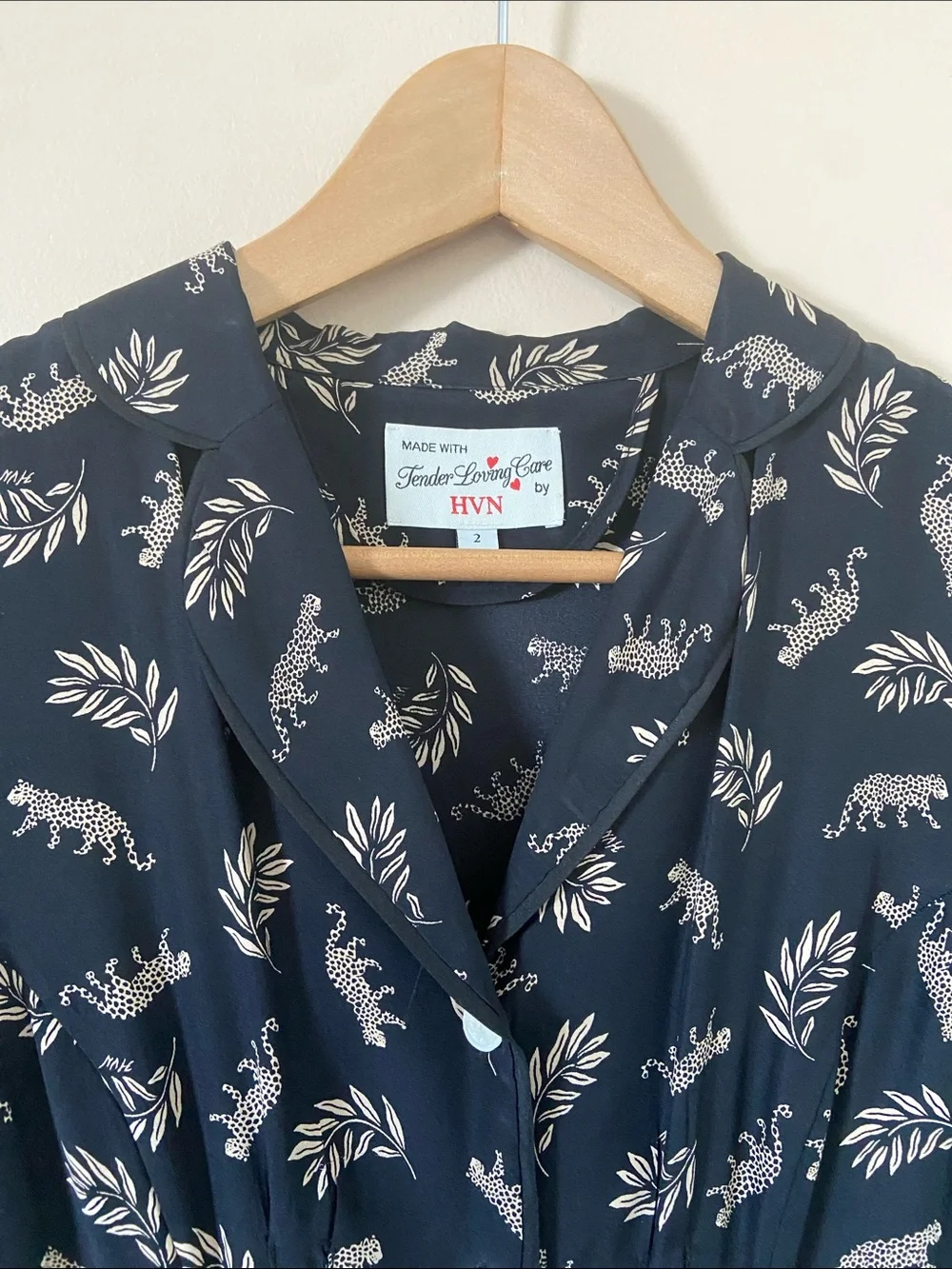 HVN Sarah Silk Button-Down Dress Leopard & Leaf Print